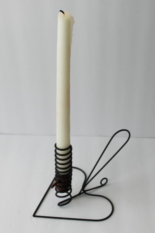 primitive heart shaped wire candle holder, courting candlestick w/ handle