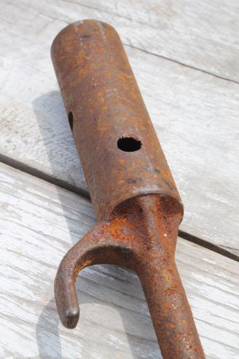primitive iron tobacco pole, rusty iron farm tool for handling drying tobacco 