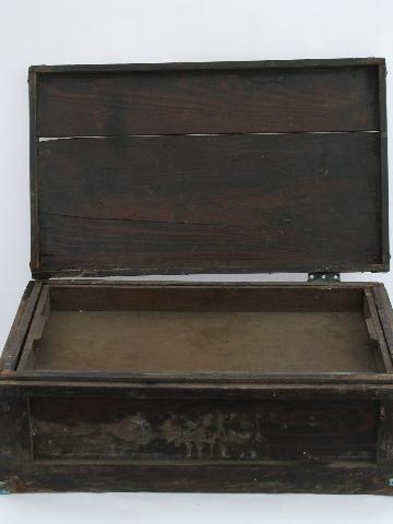 primitive old antique wood tool box tool chest / trunk with brass corners
