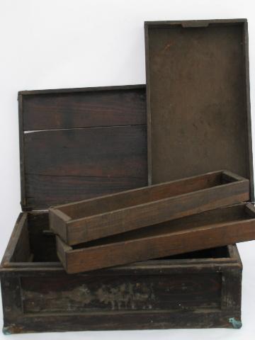 primitive old antique wood tool box tool chest / trunk with brass corners