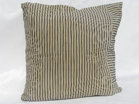 primitive old blue stripe cotton ticking fabric, square shape vintage feather pillow