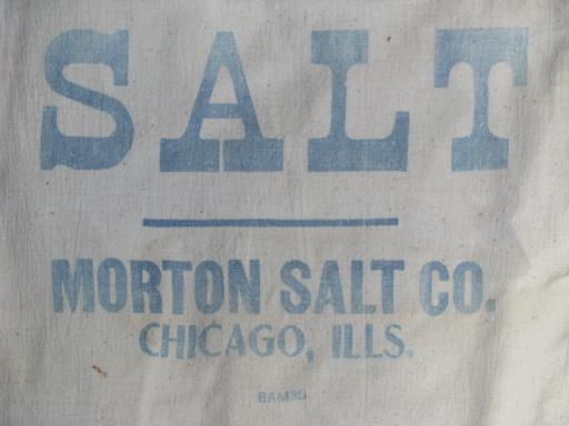 primitive old cotton Morton Salt sack, farm grain feed supplement bag