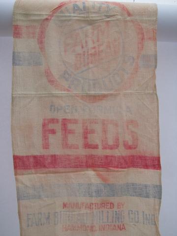 primitive old cotton feedsack kitchen towels, vintage farm feed ad graphics