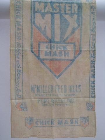 primitive old cotton feedsack kitchen towels, vintage farm feed ad graphics