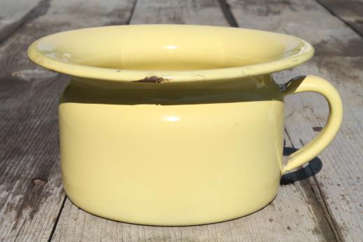 primitive old enamelware baby potty lot, small chamber pot in blue & one in yellow