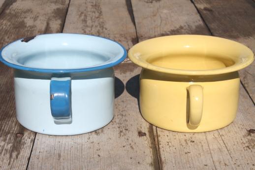 primitive old enamelware baby potty lot, small chamber pot in blue & one in yellow