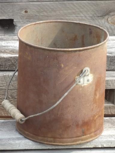 primitive old farm bucket w/ wood handle, rusty steel pail for flower pot