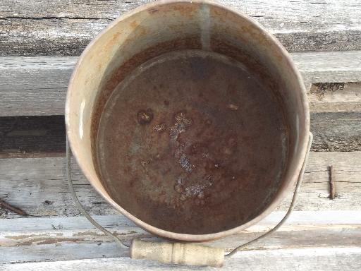 primitive old farm bucket w/ wood handle, rusty steel pail for flower pot