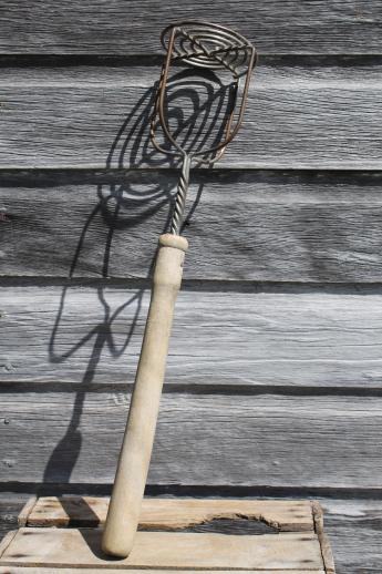 primitive old farm kitchen masher, huge long wood handle stomper crock tamper