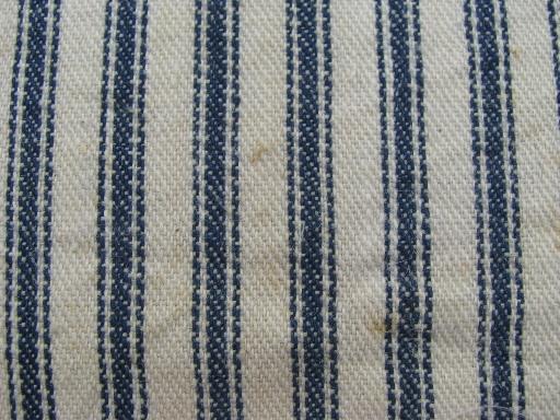 primitive old feather pillow, vintage blue stripe cotton ticking fabric