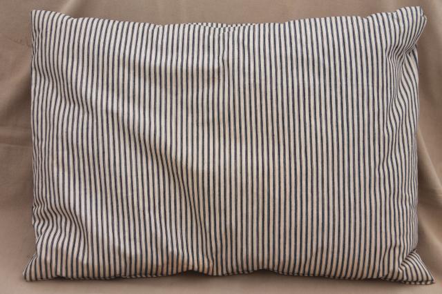 primitive old feather pillow w/ vintage blue stripe cotton ticking fabric