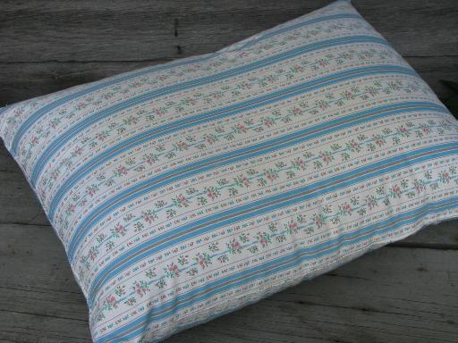 primitive old feather pillow, vintage flowered stripe cotton ticking fabric