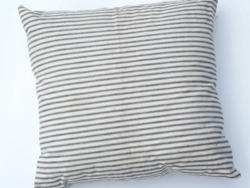 primitive old feather pillows, square shape, indigo blue stripe cotton