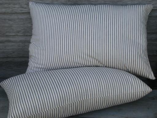 primitive old feather pillows, vintage blue stripe heavy cotton ticking fabric