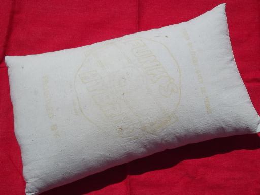 primitive old feather pillows, vintage heavy cotton grain sack fabric