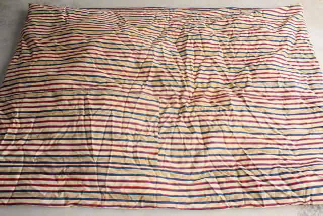 primitive old feather tick bed mattress, vintage blue red wide striped cotton ticking