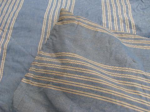 primitive old feather tick bed mattress, vintage blue striped cotton chambray