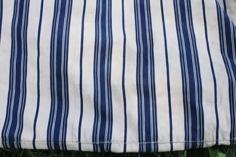 primitive old feather tick bed mattress, vintage wide stripe blue  white cotton ticking