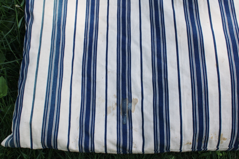 primitive old feather tick bed mattress, vintage wide stripe blue  white cotton ticking