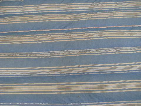 primitive old feather tick bed or duvet, vintage blue & white stripe cotton chambray