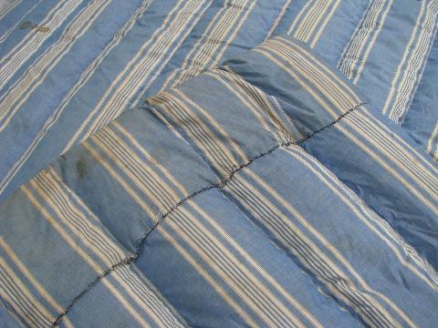 primitive old feather tick bed or duvet, vintage blue & white stripe cotton chambray