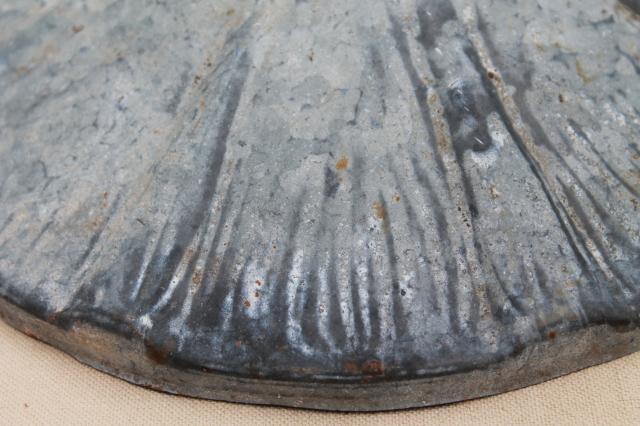 primitive old galvanized zinc metal smoke bell light shade, vintage chicken feeder lid cover