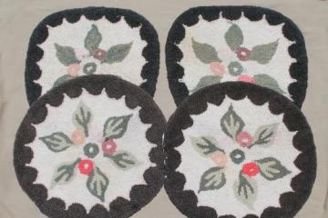primitive old handmade hooked wool chair mats, flowered rug seats for kitchen chairs