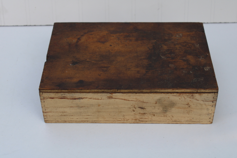 primitive old make do drawer, finger jointed wooden cigar box w/ vintage porcelain insulator knob