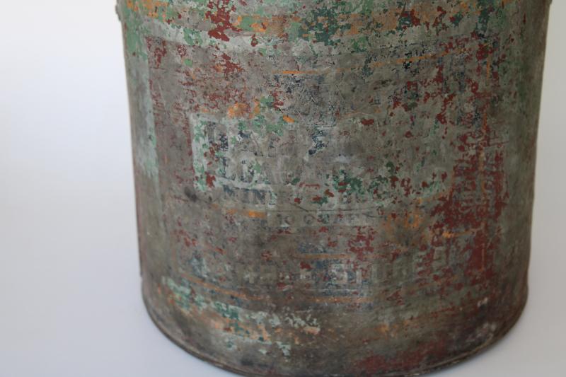primitive old painted metal bucket, wood handle pail w/ worn vintage advertising