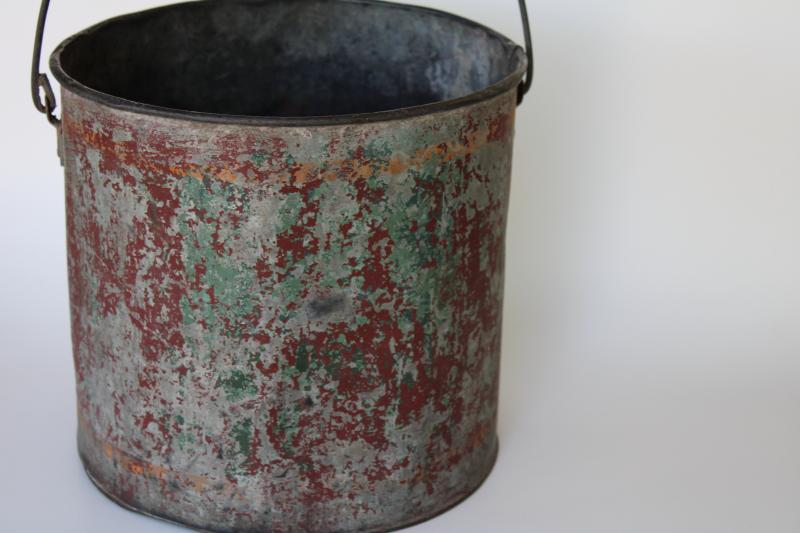 primitive old painted metal bucket, wood handle pail w/ worn vintage advertising