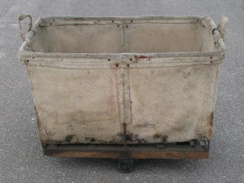 primitive old shop or factory cart w/ canvas sides, vintage mail or laundry bin