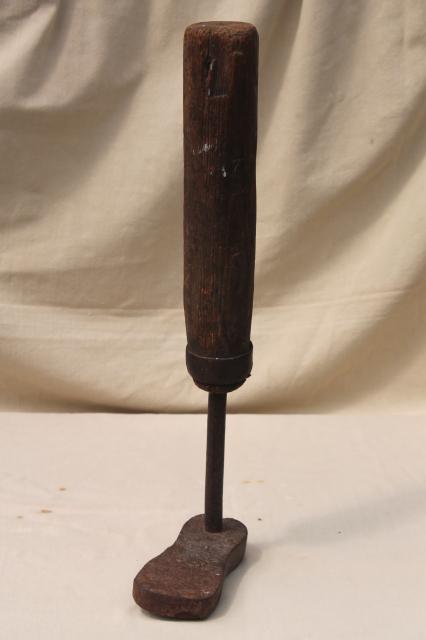 primitive old spoke handled tool, steampunk wood leg antique iron foot form shoe shape