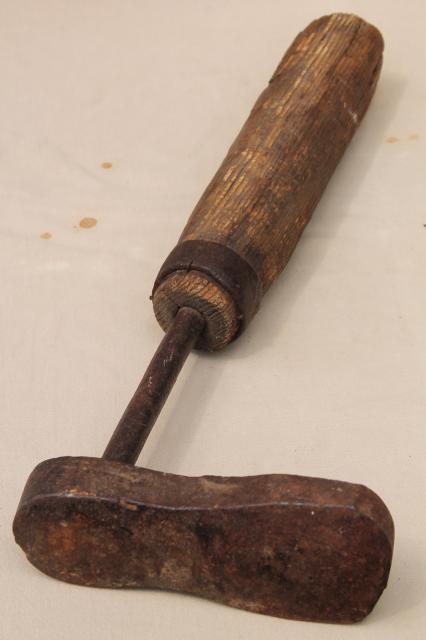 primitive old spoke handled tool, steampunk wood leg antique iron foot form shoe shape