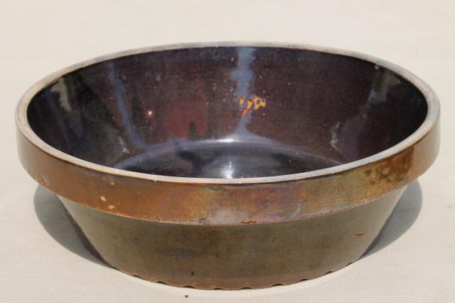 primitive old stoneware crock bowl - meat pie dish, baked beans baker, or milk pan 