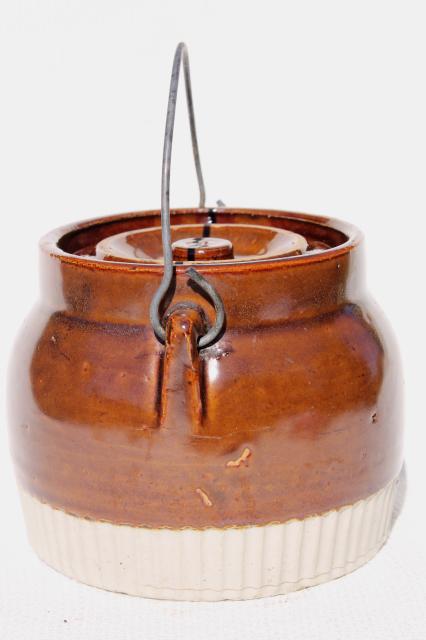 primitive old stoneware jar w/ lid & wire bail handle, vintage preserves crock 
