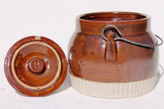primitive old stoneware jar w/ lid & wire bail handle, vintage preserves crock 