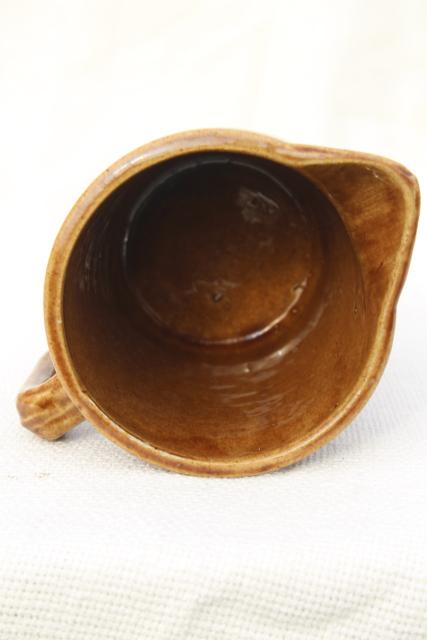 primitive old stoneware milk pitcher, vintage brown band pottery jug