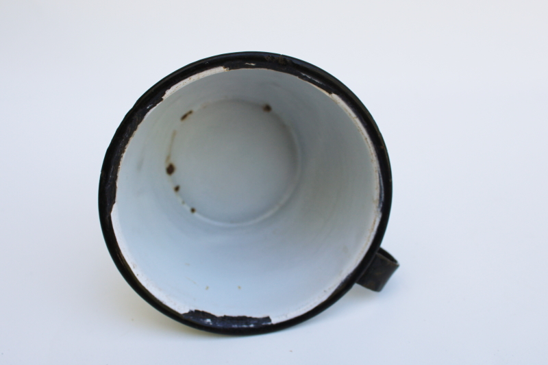 primitive old tin cup, hook handle mug vintage shabby white enamelware rustic farmhouse dipper