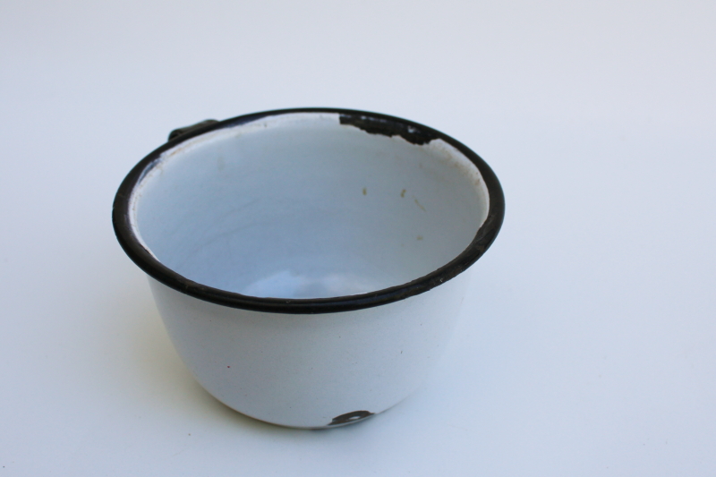 primitive old tin cup, hook handle mug vintage shabby white enamelware rustic farmhouse dipper