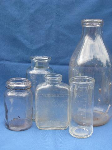 primitive old white paint wood box full of vintage glass bottles