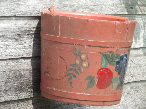 primitive old wood barrel stave sugar bucket, folk art hand-painted fruit