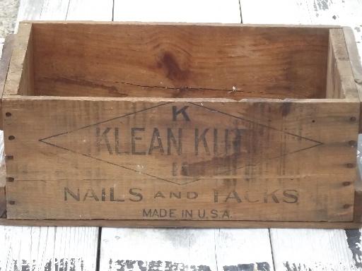 primitive old wood box, wooden packing crate store display for nails & tacks