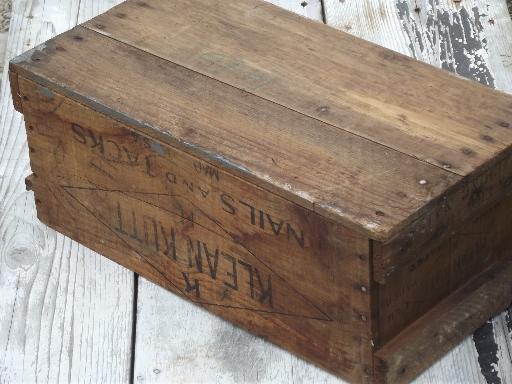primitive old wood box, wooden packing crate store display for nails & tacks
