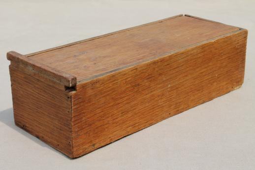 primitive old wood carpenter's tool box, vintage file box w/ sliding cover