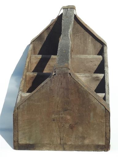 primitive old wood farm tool carrier box, vintage cottage garden tote