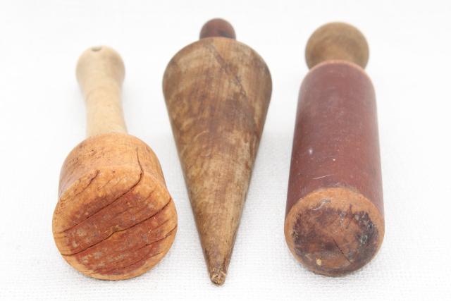 primitive old wood kitchen tools, lot vintage wooden masher, pestle, tamper