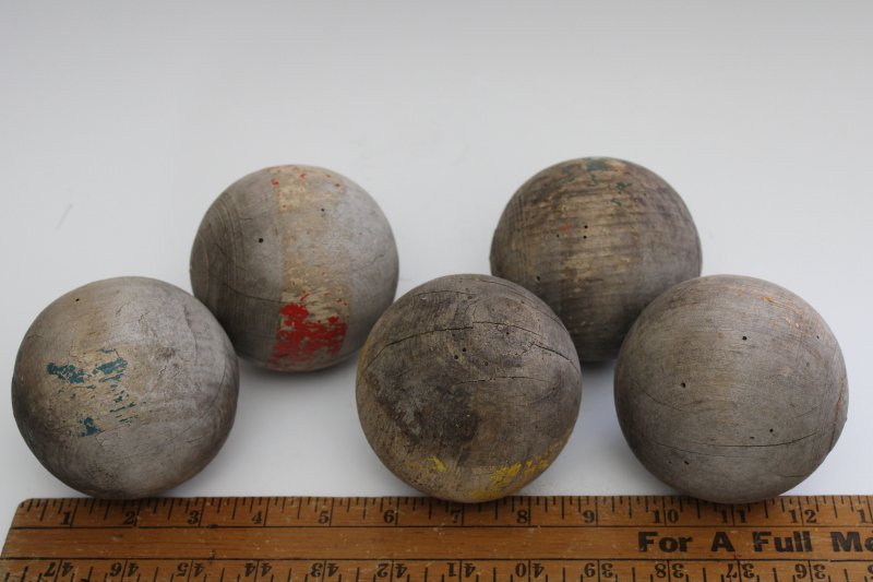 primitive old wooden croquet balls, weathered grey wood w/ worn paint vintage patina