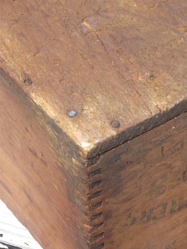 primitive old wooden hardware packing crate, antique dovetailed wood box