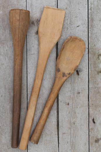 primitive old wooden kitchen utensils - big heavy masher, long wood spoon & scraper