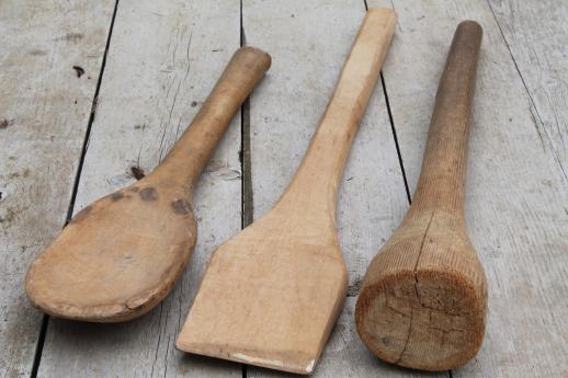 primitive old wooden kitchen utensils - big heavy masher, long wood spoon & scraper